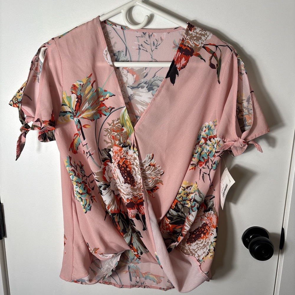 Floral Pink Wrap Top with tie sleeves